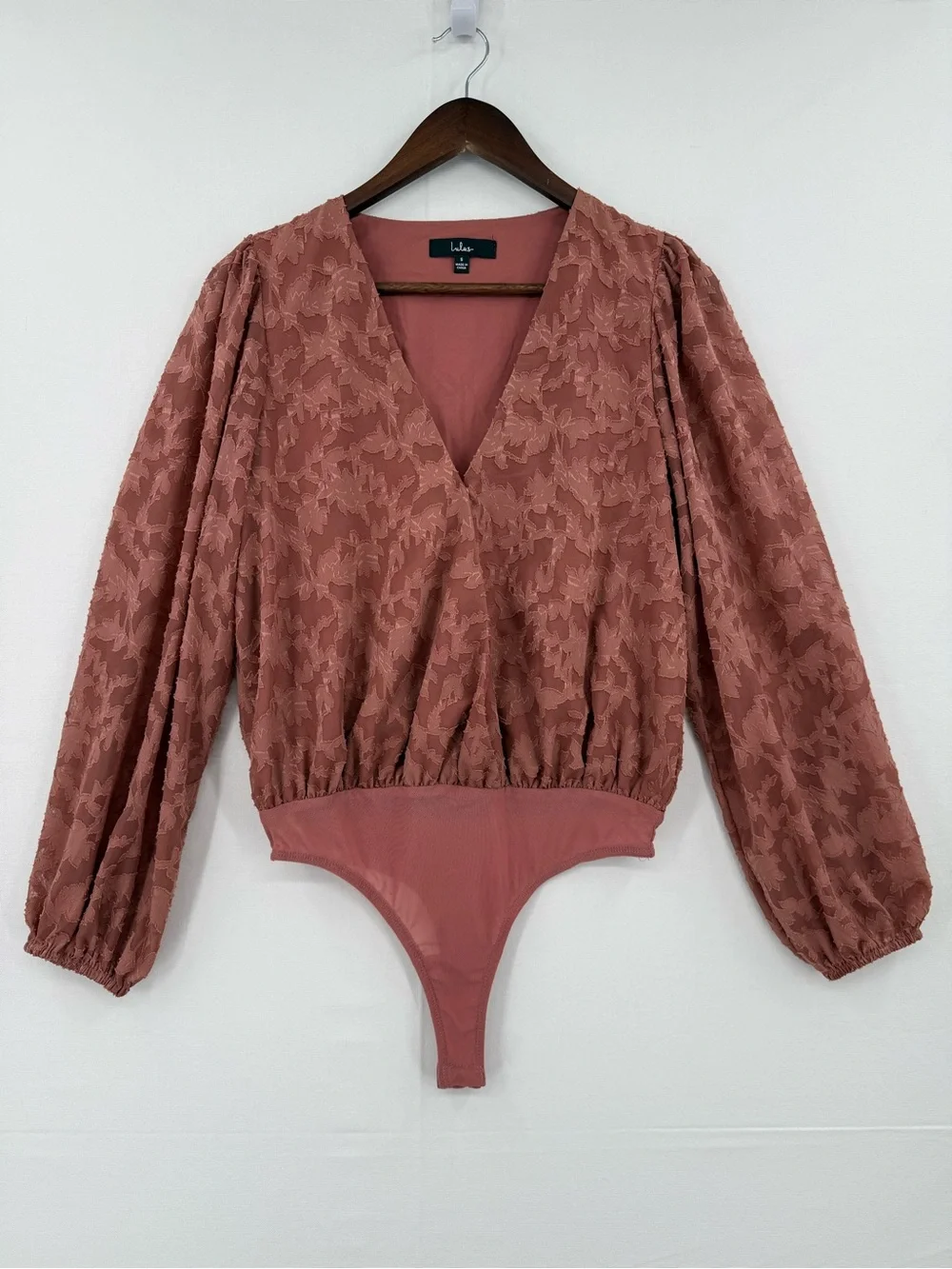 Lulu's Floral Lace Sheer Bodysuit Dusty Rose Pink Long Sleeve Puff Size S